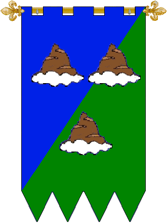 Anwnn
Per bend sinister Azure and Vert, three mountains Proper with clouds about their bases Argent Anwnn