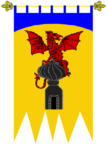 Spire Heights
Or, a dragon displayed regardant Gules perched atop an onion domed tower issuant from base Sable, and a chief enarched Azure. Spire Heights