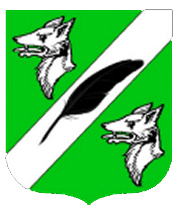  arms: Vert, between two wolf heads erased a bend sinister Argent surmounted by a feather bendwise-sinister Sable