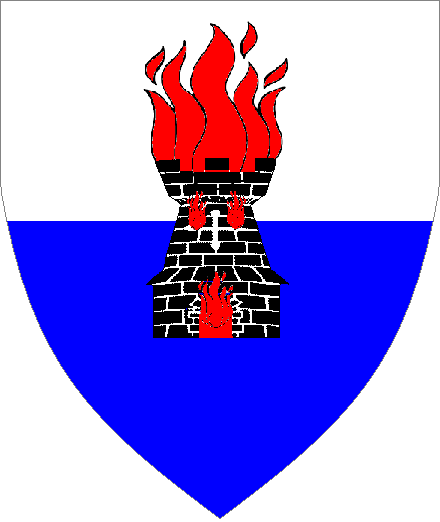  arms: Per fess Argent and Azure, a tower Sable enflamed Gules.