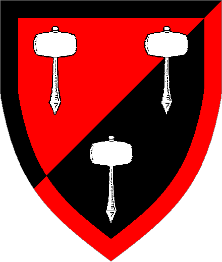  arms: Per bend sinister Sable and Gules upon an escutcheon Counterchanged three mallets Argent.