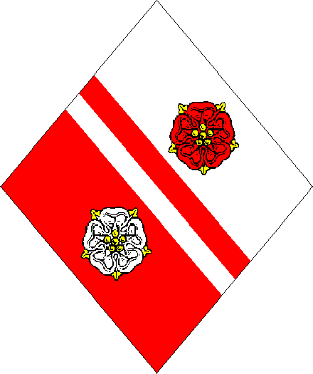  arms: Per bend Argent and Gules, a bend per bend between two roses Counterchanged barbed and seeded Or.