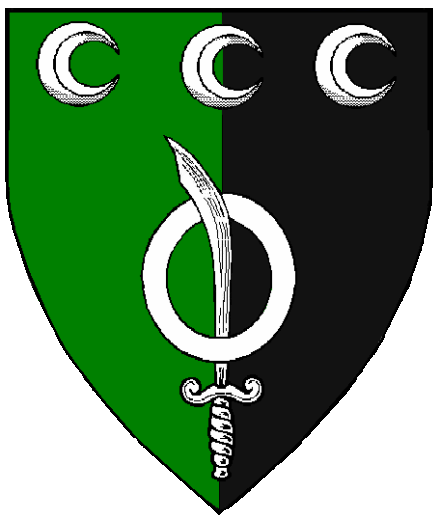  arms: Per pale Vert and Sable, an annulet enfiled by a scimitar and in chief three decrescents Argent