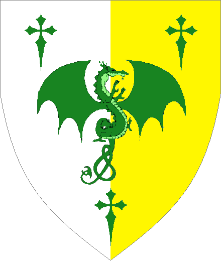  arms: Per pale Argent and Or, a Dragon von Ramnstein between three Latin crosses clechy Vert.