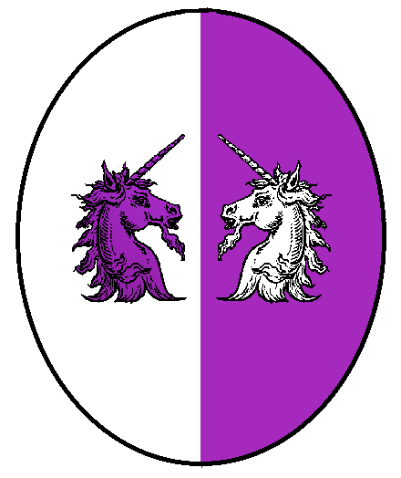  arms: Per bend Argent and Purpure, two unicorn heads erased combatant counterchanged