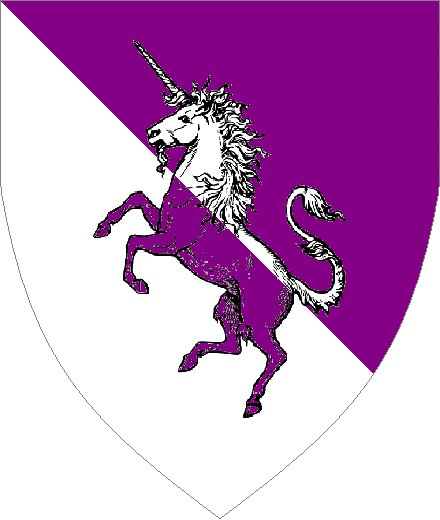  arms: Per bend Purpure and Argent, a unicorn Counterchanged.