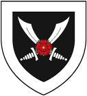  arms: Sable, two scimitars crossed in saltire Argent surmounted by a rose Proper, all within a border Argent.