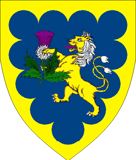  arms: Azure, a lion double queued Or marked, orbed and armed Argent, langued Purpure sustaining a thistle Proper within a bordure engrailed Or.
