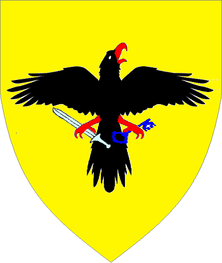  arms: Or, a raven displayed extended contourne Sable armed and legged Gules maintaining in its dexter talon a sword bendwise Argent and in its sinister talon a key bend-sinister-wise wards to base Azure.