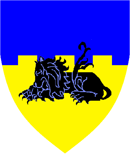  arms: Per fess embattled Azure and Or, a lion dormant born to base Sable.