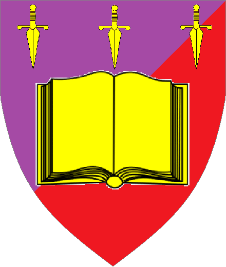  arms: Per bend sinister Purpure and Gules, an open book and in chief three daggers inverted Or.