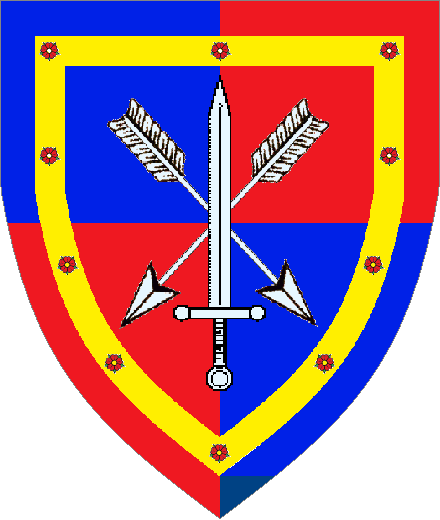  arms: Quarterly Azure and Gules, two arrows in saltire surmounted by a sword Argent within an orle Or semi of roses Proper.