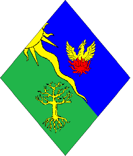  arms: (Pending) Per bend Azure and Vert, a ray of the sun issuant bendwise from dexter chief between a phoenix Or enflamed Gules and a tree blasted and eradicated Or.