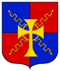  arms: Quarterly Azure and Gules, two lightning bolts in saltire surmounted by a celtic cross Or
